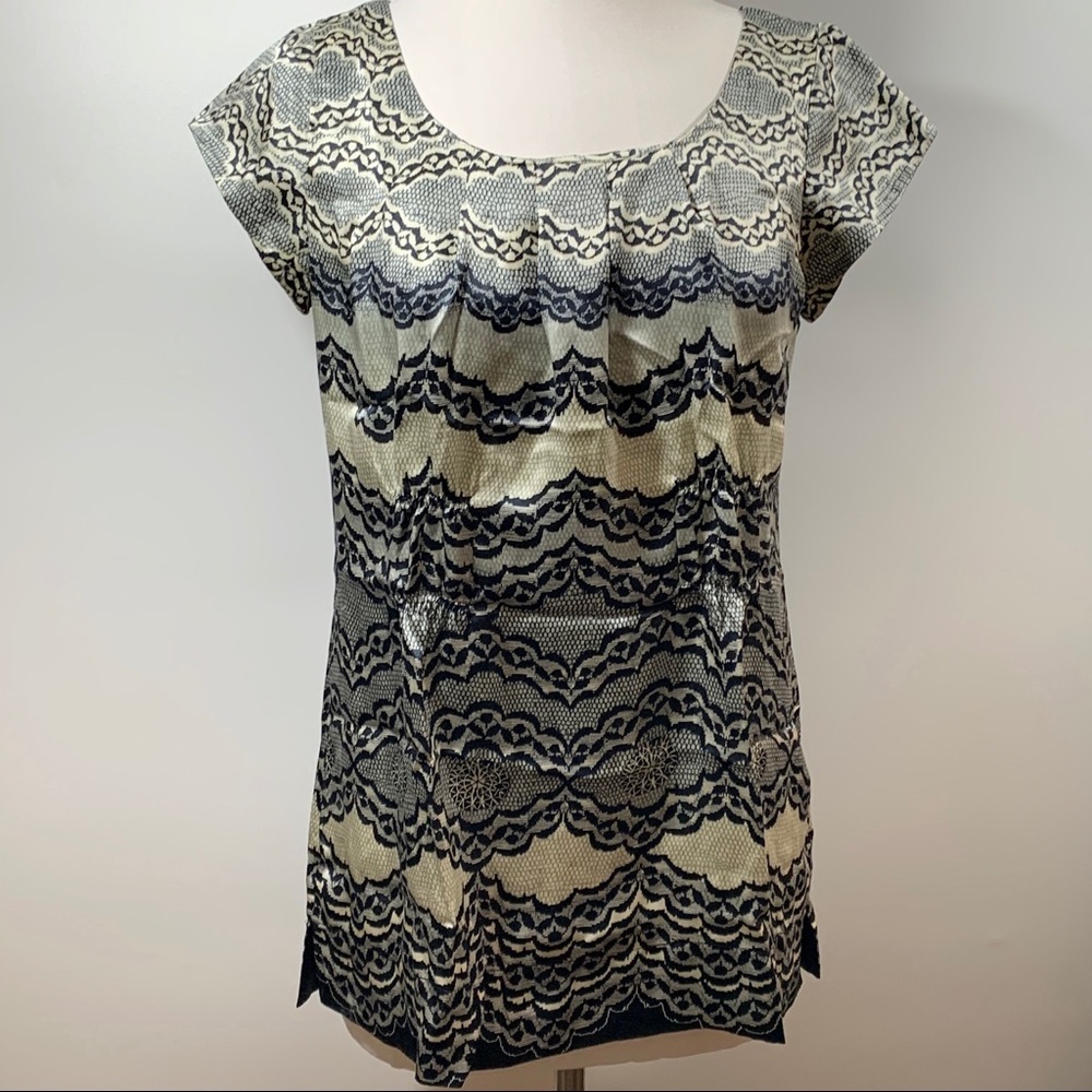 CAbi Chantilly Lace Printed Silk Blouse Size S